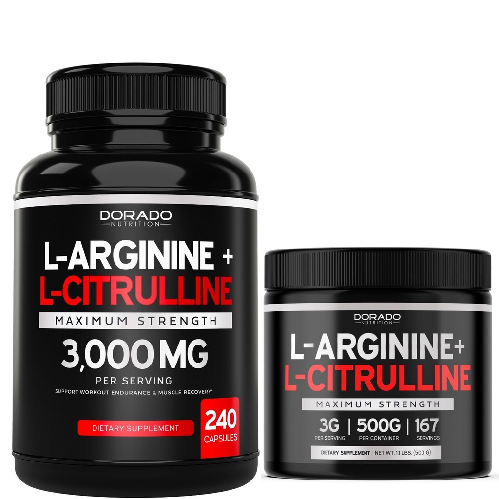 L Arginine L Citrulline (240 Count) - Nitric Oxide Pill for Stamina & Endurance and L Arginine L Citrulline אבקת (3g) - Nitric ide Booster אבקת עבור ביצועים & Endurance - טבעוני & USA Made