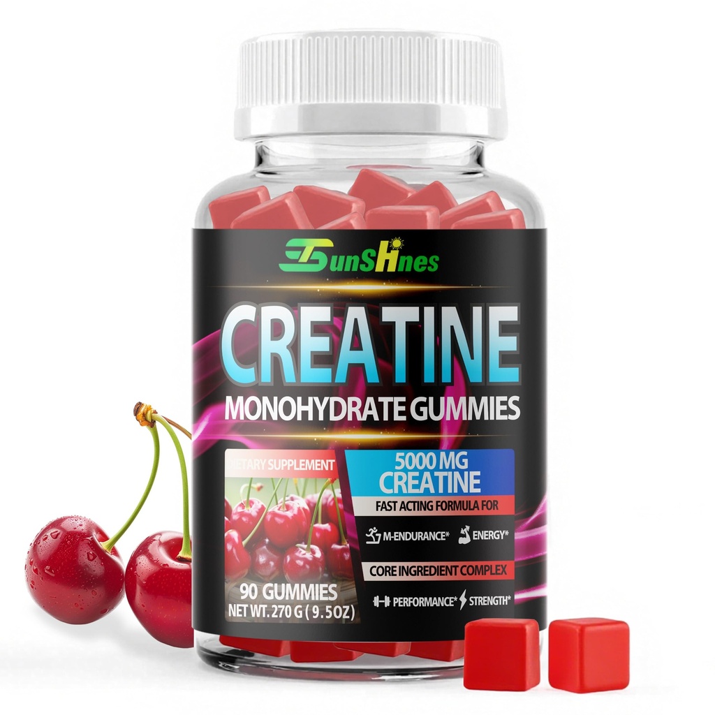Creatine Monohydrate Gummies 5g (5000 מ"ג), Sugar-Free Creatine, Pre-Workout Energy, Veg, Non-GMO, for Men & Women - 90 Count Cherry Flavor