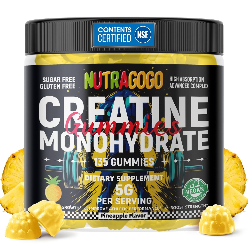 NSF מוסמך Creatine Gummy - Creatine Monohydrate חניכיים עבור גברים ונשים 5g של Creatine Monohydrate לשרת - סוכר חינם, Vegan, Pineapple אלקטרוליט צ'ws, 135