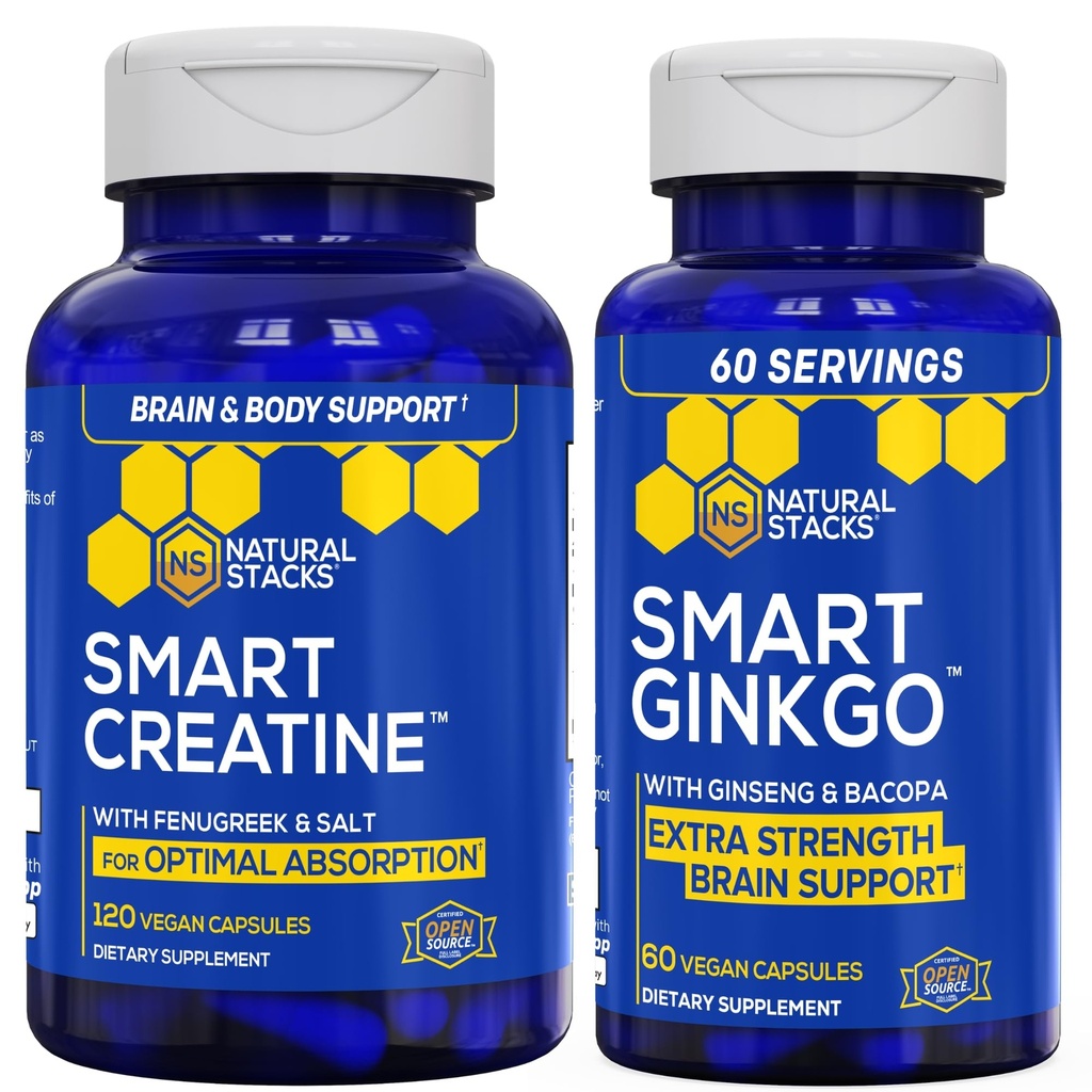 NATURAL STACKS גינקו בילובה + Creatine Monohydrate Bundle - Advanced Absorption פורמולה * - תוספת חיזוק המוח * - 180 קפסולות מוחלט