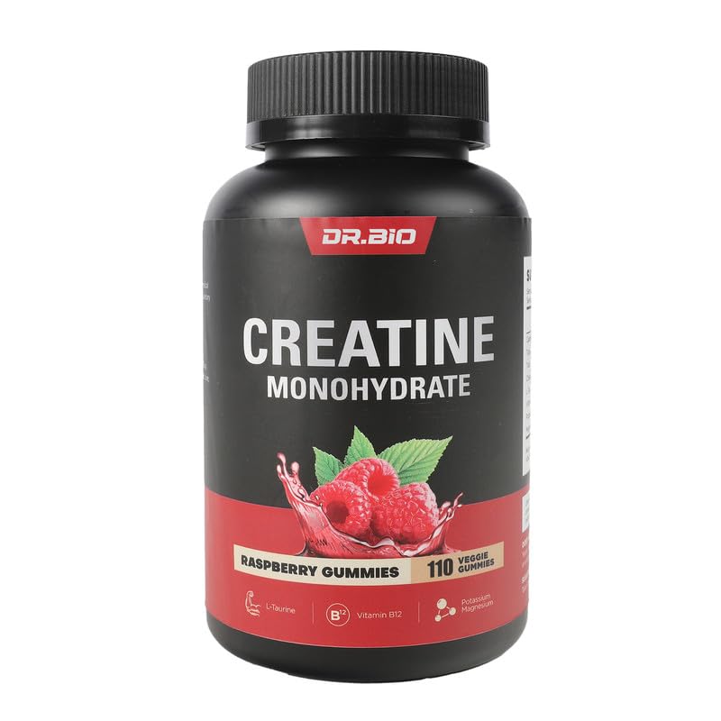 DR.BIO Creatine Monohydrate חניכיים לתמיכה באנרגיה ובשרירים, Pre-Workout Complex Creatine עבור נשים וגברים עם 5000mg Creatine, L-Taurine, B12, Mg ו-K, טבעוני, Red Raspberry, 110 Count Count Count Count Count Count, 110