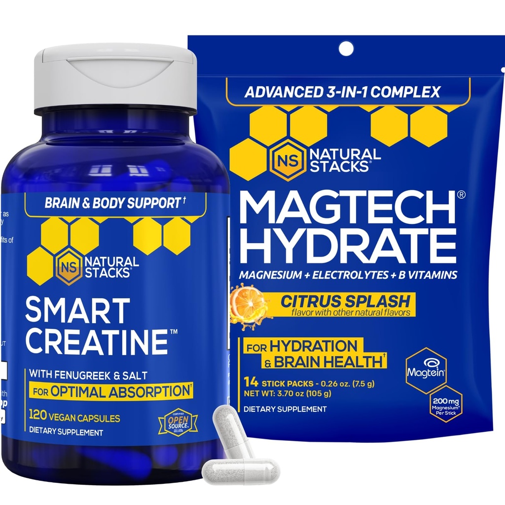 NATURAL STACKS Creatine Monohydrate & Magtech hydrote Bundle - 2500mg Creatine + 200mg Elemental Magnesium Per משרת - תמיכה הידרציה, בריאות המוח וסוףאנס - 44 סך הכל המשרתים