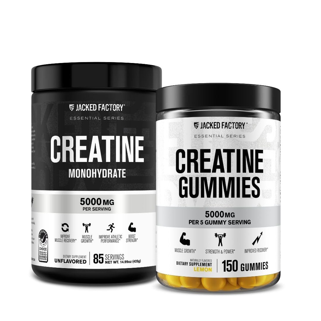 Jacked Factory Creatine Monohydrate Gummies (150 חניכיים, לימון) & Creatine Monohydrate אבקה (85 משרתים, Unflavored)