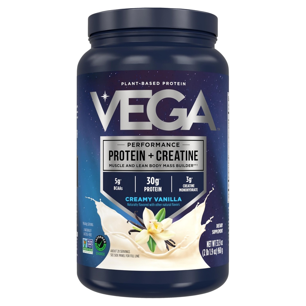 חלבון וגה + Creatine - 30g צמחי מבוסס חלבון, וניל, 20 משרתים, 3g Creatine, 5g BCAAs, טבעוני, Keto, Gluten חינם, חלב חינם, דלת פחמימות, עבור שריר ותיקון, לשתות לערבב, 3oz 33.9