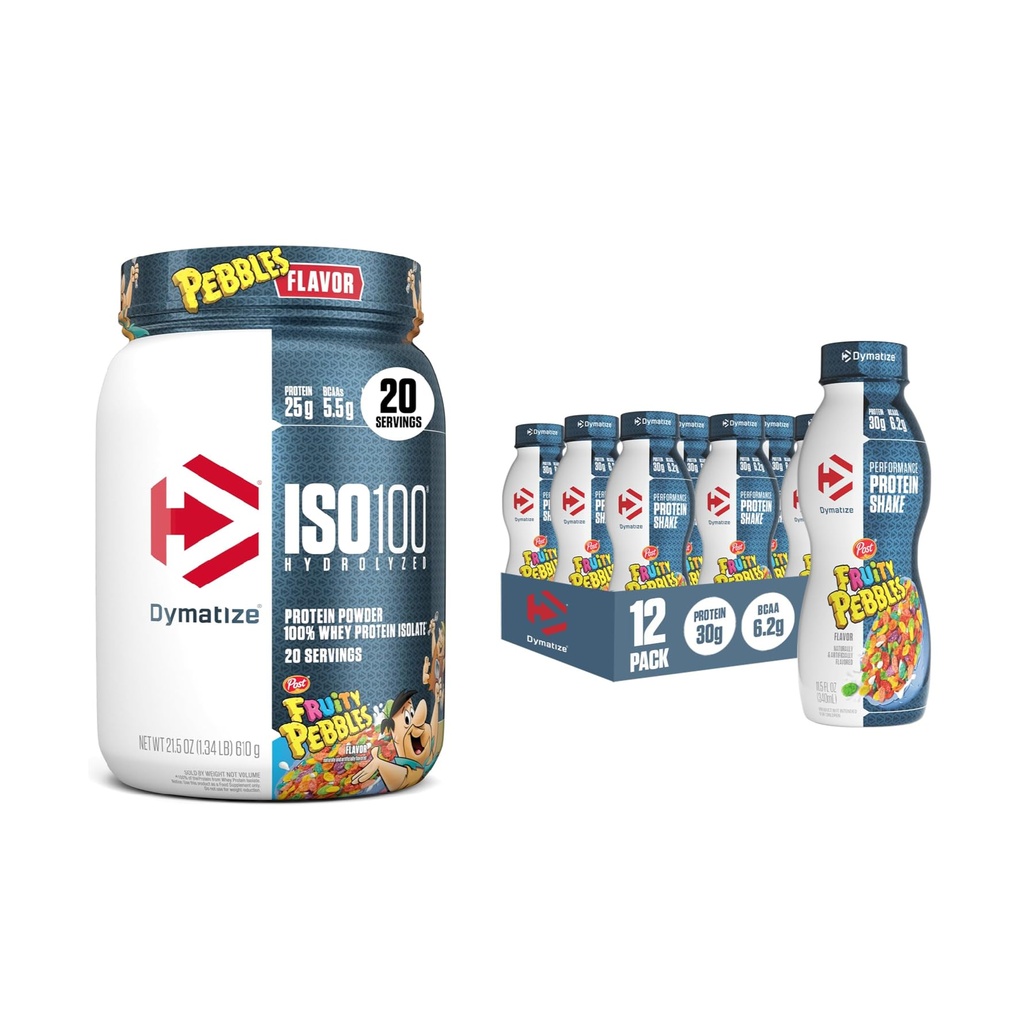 Bundle של Dymatize חלבון שקד, פירותי Pebbles (12 Pack) + ISO100 אבקת חלבון Whey חלבון Isolate, פירותי Pebbles (20 משרתים)