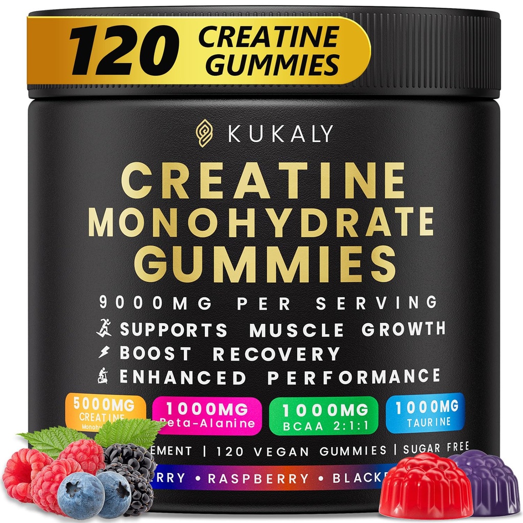 KUKALY Creatine Monohydrate חניכיים לגברים ונשים, 9000MG Creatine Gummies סוכר חינם - מעורב פלב עם L-Taurine, BCAA 2:1, B12 B6 עבור כוח Boost, Focus & Endurance, טבעוני, non-GMO, 120pcs