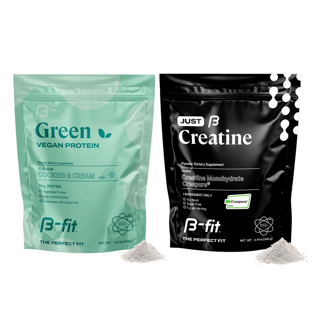 B-FIT B טבעוני חלבון + Just Creatine - אבקת חלבון פי 600g - צמחי מבוסס חלבון שקד - Creatine Monohydrate אבקת - Creapure - 90 משרתים - 450 גרם