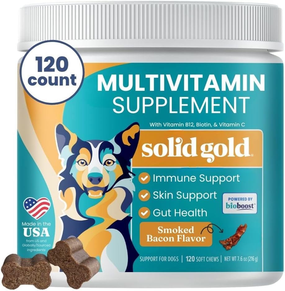 Solid Gold dog Multivitamin - Soft Dog ויטמינים & תוספי צ'ws - All-in-One Heart, Immune, Brain, Skin, Coat & Gut Health Support w/Vitamin C, B12, Probiotics & Antioxidants - בייקון פלמור 120ct 120ct 120ct 120ct 120ct 120ct