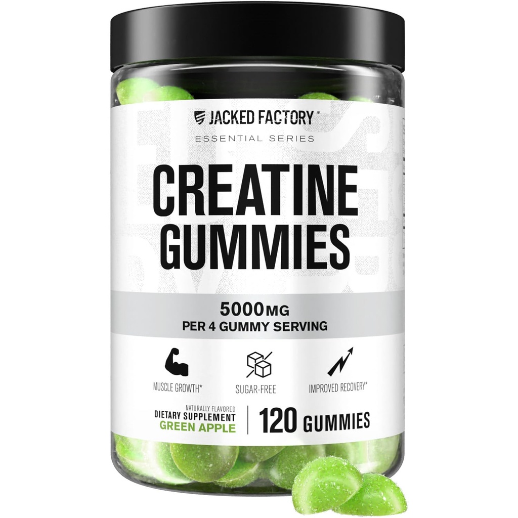 Jacked Factory Sugar Free Creatine Gummies - 5g Daily Dose (1.25g per Gummy) - Creatine Gummy Sugar Free for Men and Women, Vegan-Friendly, Third-Party Tested - 120 חניכיים, Apple ירוק