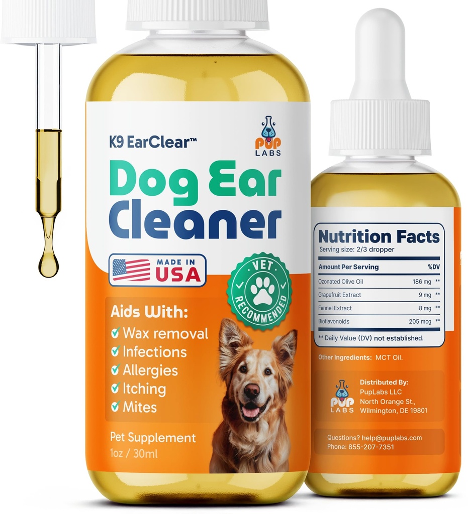 Pup Labs Ear Clear, Natural Dog Ear ניקויer וזיהום טיפול לכלבים, כלבים טיפות עבור גירוד, Irritation, & Wax Build-Up, 1 oz בקבוק עם טיפות