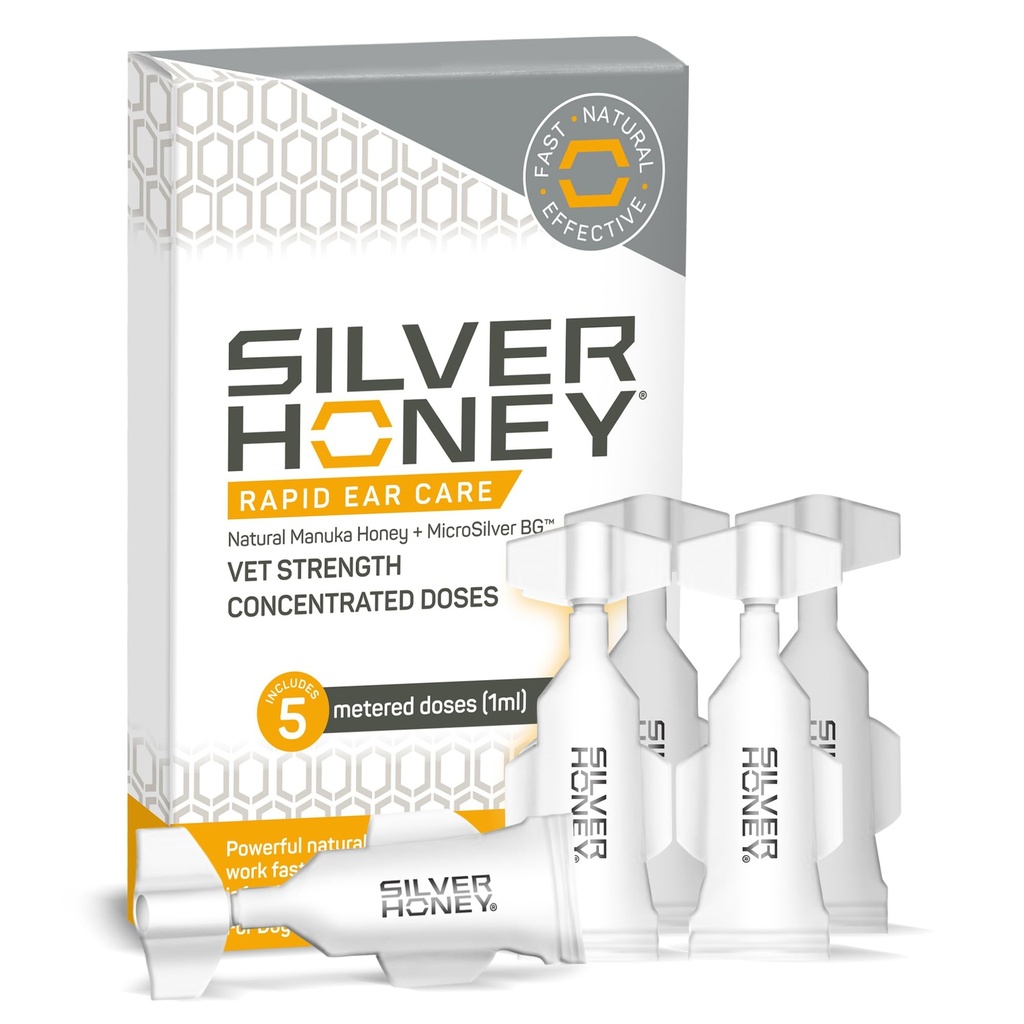 Absorbine Silver Honey Rapid Ear Care Vet כוח ריכוז Doses, 5 טיפות אוזניים במשך 10 ימים על 1 אוזניים עבור כלבים וחתולים, כיתה רפואית Manuka דבש ו MicroSilver BG