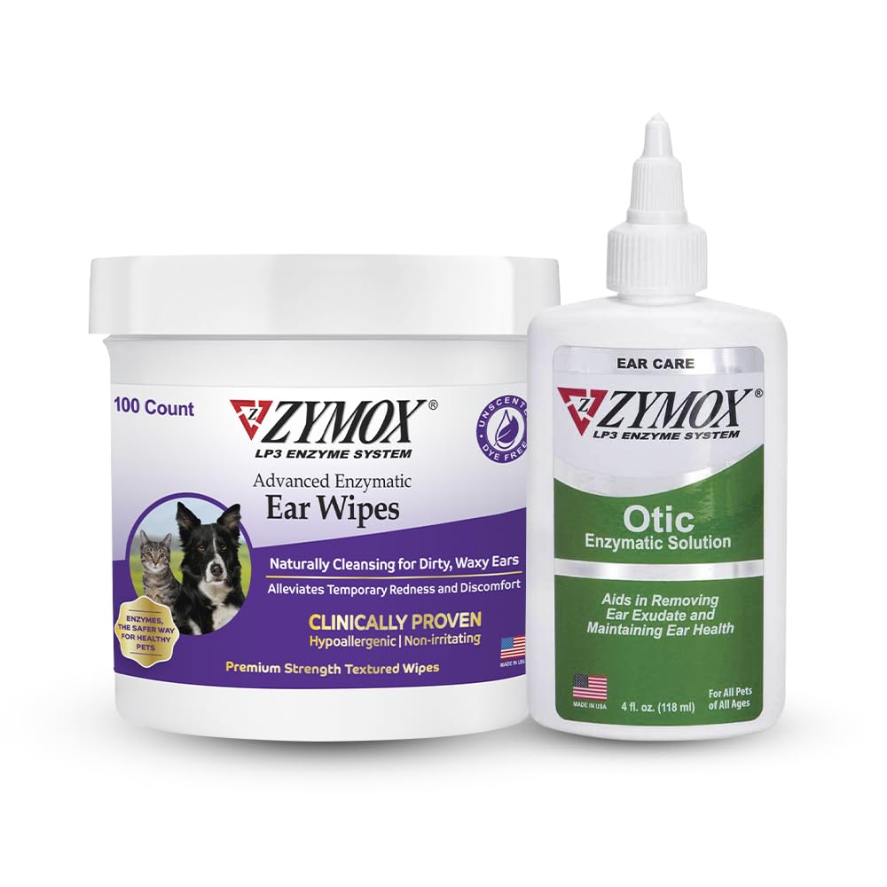 PET KING BRANDS ZYMOX Enzymatic Ear Wipes ו- Otic Solution Hydrocortisone חינם לכלבים וחתולים - מוצר Bundle - עבור Dirty, Waxy, Smelly אוזנייםs & to Soothe זיהומים, 100 Count Wipes & 4oz בקבוק