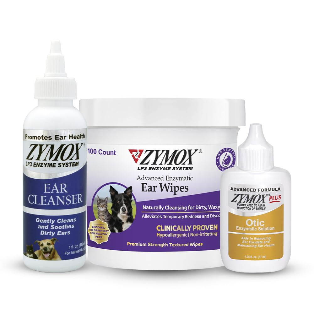 Zymox Enzymatic אוזניים Wipes, אוזן נקייה, ופתרון האוזן Otic Plus hydrocortisone חינם לכלבים וחתולים - מוצר Bundle - עבור מלוכלכים, Waxy, אוזניים ריחניות וכדי Soothe אוזניים זיהומים אוזניים