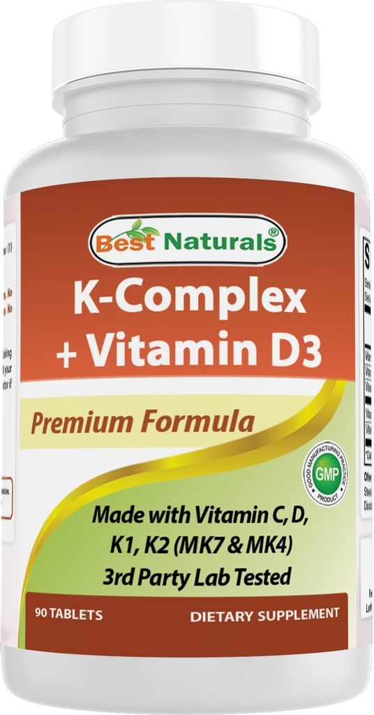 Best Naturals K-Complex with K1 (Phytonadione 1500 mcg + K2 כמו Menaquinone 100 mcg + K2 כמו MK-4 1000 mcg) + D3 + VIT. C - 90 טבליות - מיוצר בארה"ב