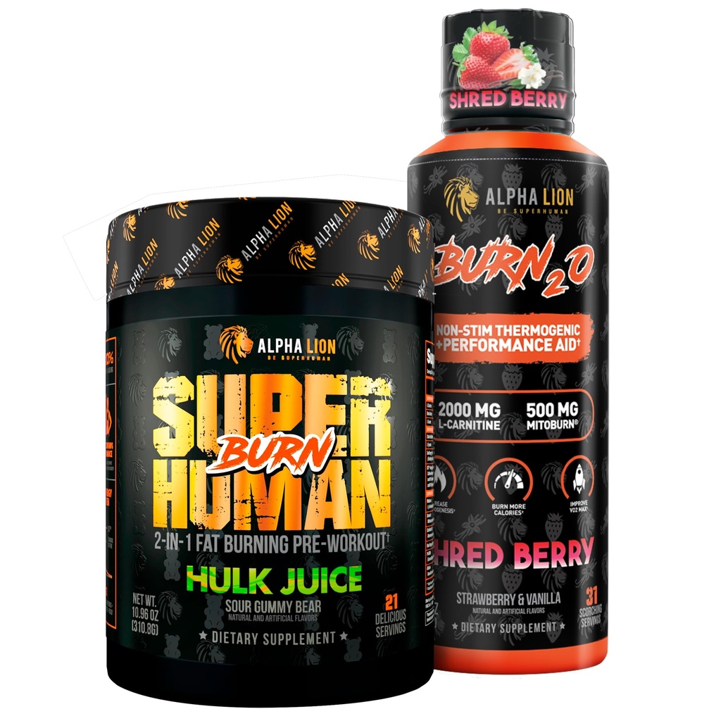 ALPHA LION Stubborn Fat Loss Stack - Superhuman Burn Pre Workout + Burn2O נוזל L-Carnitine 2000 מ"ג (ShredBerry) - 2-in-1 Thermogenic Fat Burning Stack for Men & Women