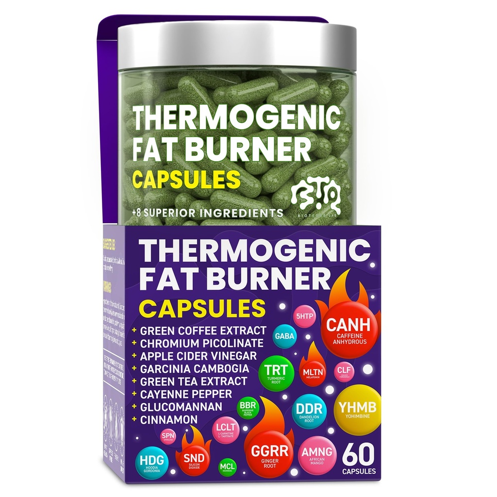 Thermogenic Fat Burner כמוסות - גלולות הרזיה לנשים וגברים, Appetite Suppressant, Metabolism Booster - תה ירוק, תמצית קפה, Garcinia Cambogia - גלולות דיאטה לירידה במשקל - 60 קפסולות