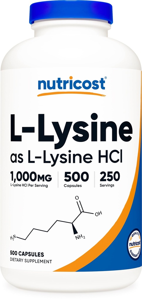 מזון זול L-Lysine 1000 מ"ג פרי, 250 משרתים, 500 קפסולות - Gluten Free, non-GMO, 500 מ"ג פר קפסולה