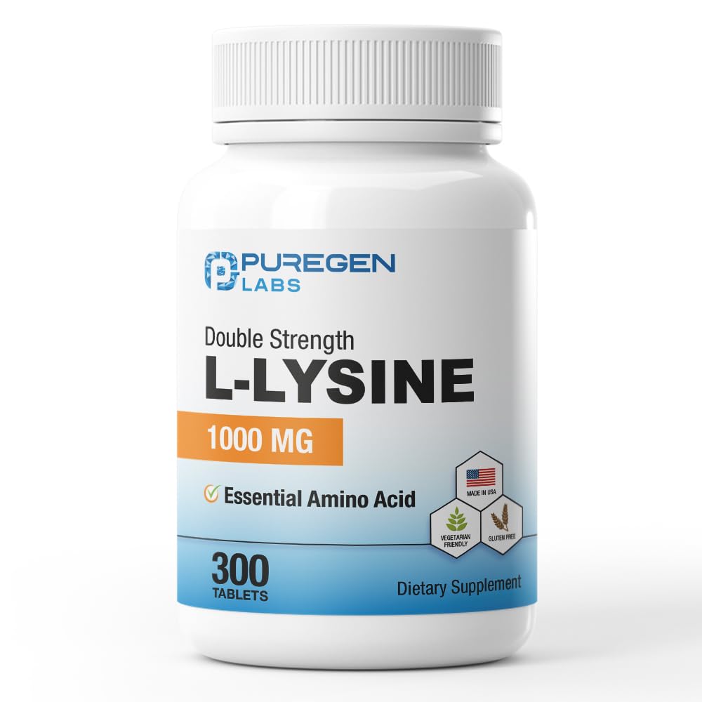 Puregen Labs L-Lysine תוספת כוח 1000 MG לכל Tablet - 300 משרתים | High Potency, Immune and Collagen Synthesis Support, non-GMO, no Gluten and Milk - 300 טבליות