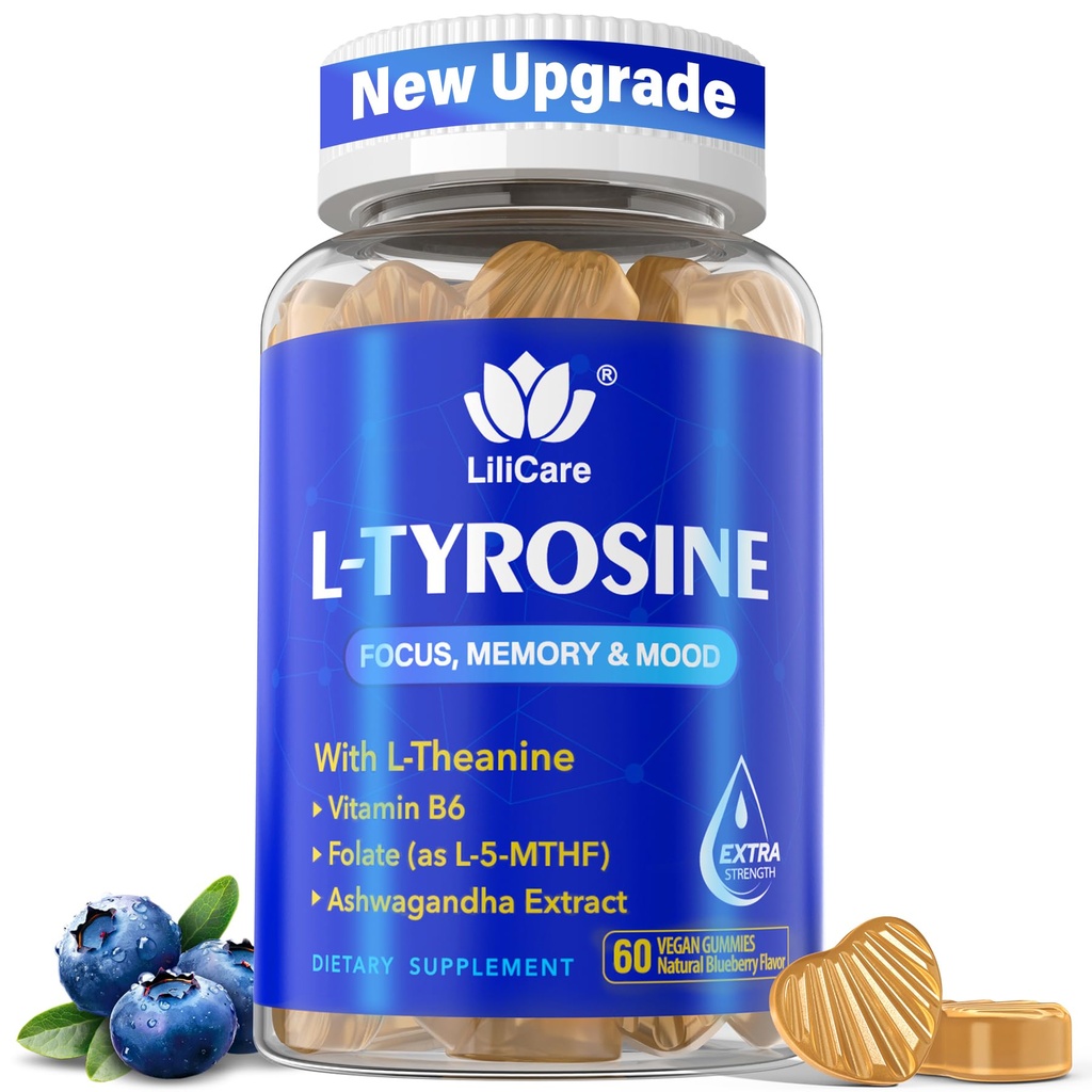 L Tyrosine Focus חניכיים תוספת של 1100 מ"ג למבוגרים, תוספי המוח עבור זיכרון להתמקד, L-Tyrosine חניכיים עם Ashwagandha, I-theanine for Calm & Mood - ויטמין B6 & B9 לאנרגיה-Vegan, 60ct