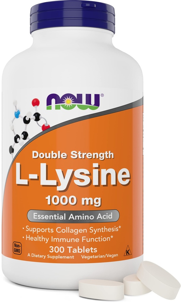 עכשיו מזונות L-Lysine 1000 מ"ג - כוח כפול - 300 טבליות - non-GMO Amino Acid תוספת (Llysine hydrochloride) - 1000 מ"ג Tabs - טבעוני / צמחוני