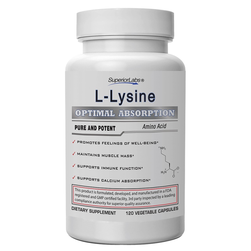 מעבדות עליונות L-Lysine 500 מ"ג קפסולות, Pure non-GMO, צד שלישי נבדק, No Fillers, Gluten Free, תומך במערכת החיסון, מקדם את Calcium Absorption, 120 Caps Caps.