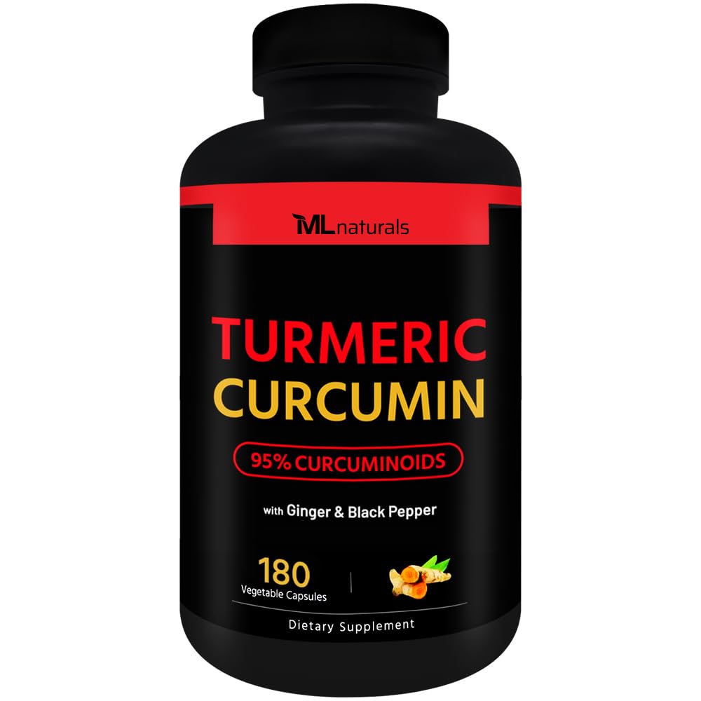 ML Naturals אורגני Turmeric Curcumin - 1,800 מ"ג, תמצית שורש 300 מ"ג - 120 מ"ג אורגני ג'ינג'ר ו-15 מ"ג Black Pepper (Per Server) - 180 קפסולות ירקות - Non-GMO
