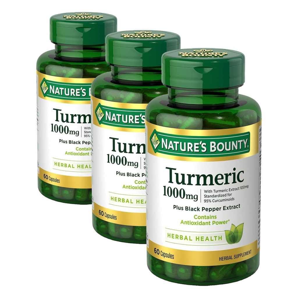 Nature's Bounty Turmeric with Black Pepper Extract, Supports Antioxidant Health,1000mg,60 קפסולות,(Pack of 3)