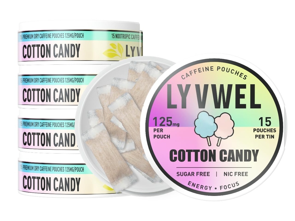 LyvWel 125mg Caffeine Energy Pouches - אנרגיה נקייה עם Guarana עבור Focus & Stamina - 5-Pack (75 Total Pouches) (5 Pack, כותנה קנדי)