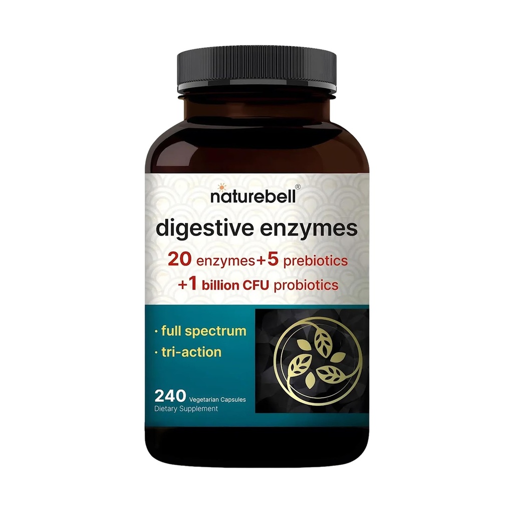 NatureBell Digestive Enzymes - 240 קפסולות - תוסף התמיכה בבריאות Gut & Digestive - עם 20 Enzymes, 5 Prebiotics & 10Strand Probiotic