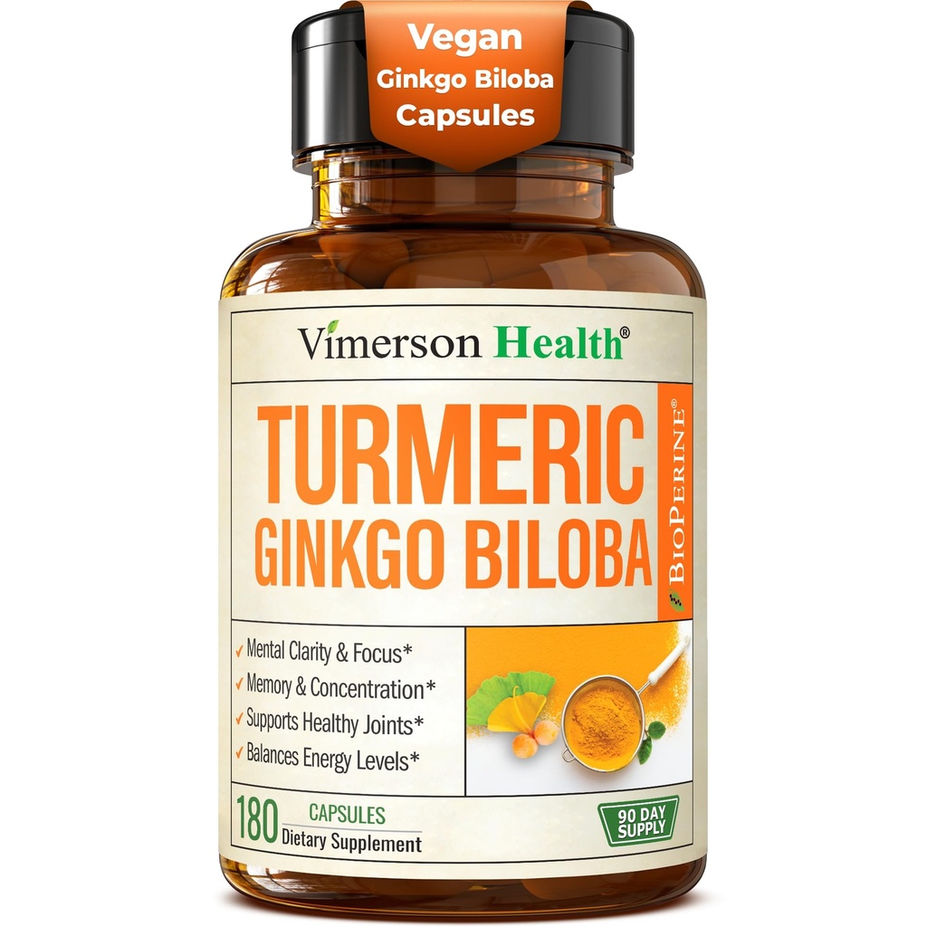 ג'ינקגו בילובה בתוספת Turmeric Curcumin ו Black Pepper עבור Absorption גבוהה - ג'נקו בילובה קפסולות עם Curcuma עבור Focus, תמיכה בזיכרון, Joint & Brain Health - NonGMO - 180 קפסולות טבעוניות