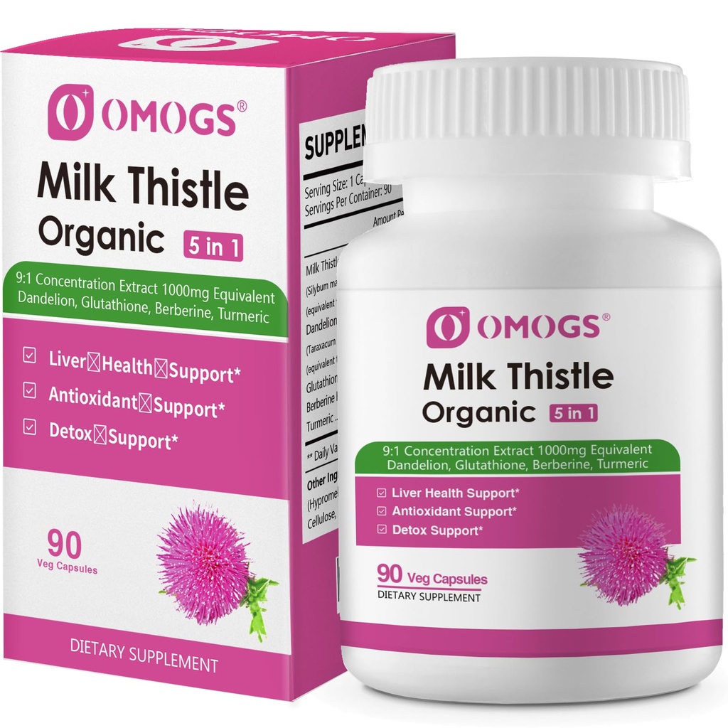 OMOGS אורגני חלב זהtle, Herbal Liver תומך חלב תוספת, עם Dandelion Root, Glutathione, Berberine HCL &Turmeric, תמיכה Liver לנקות Detox & תיקון, 90 קפסולות קפסולות