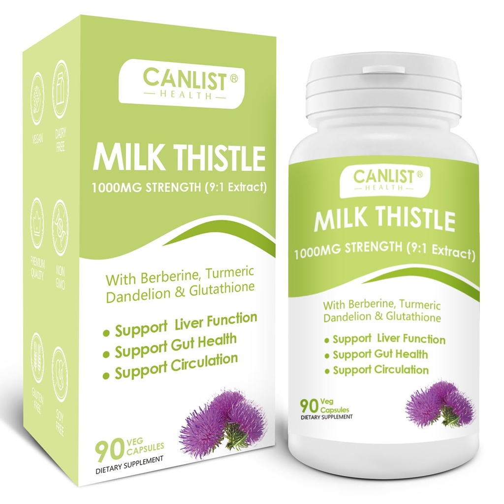 CanLIST Milk Thistle קפסולות 1000 מ"ג, טפט 9:1 לחלץ, Liver Health Support, Detox & ניקויse, Antioxidant & Gut Health, non-GMO, Gluten-Free, 90 קפסולות