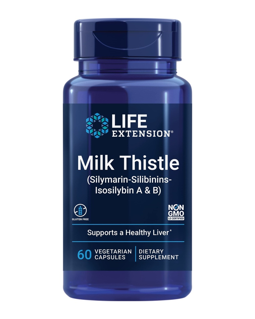 Life Extension Milk Thistle, silymarin, silibinins, Isoslybin A & B, מספק הטבות חלב ספקטרום מלא עבור בריאות Liver, non-GMO, Gluten-Free, Vegetarian, 60 קפסולות