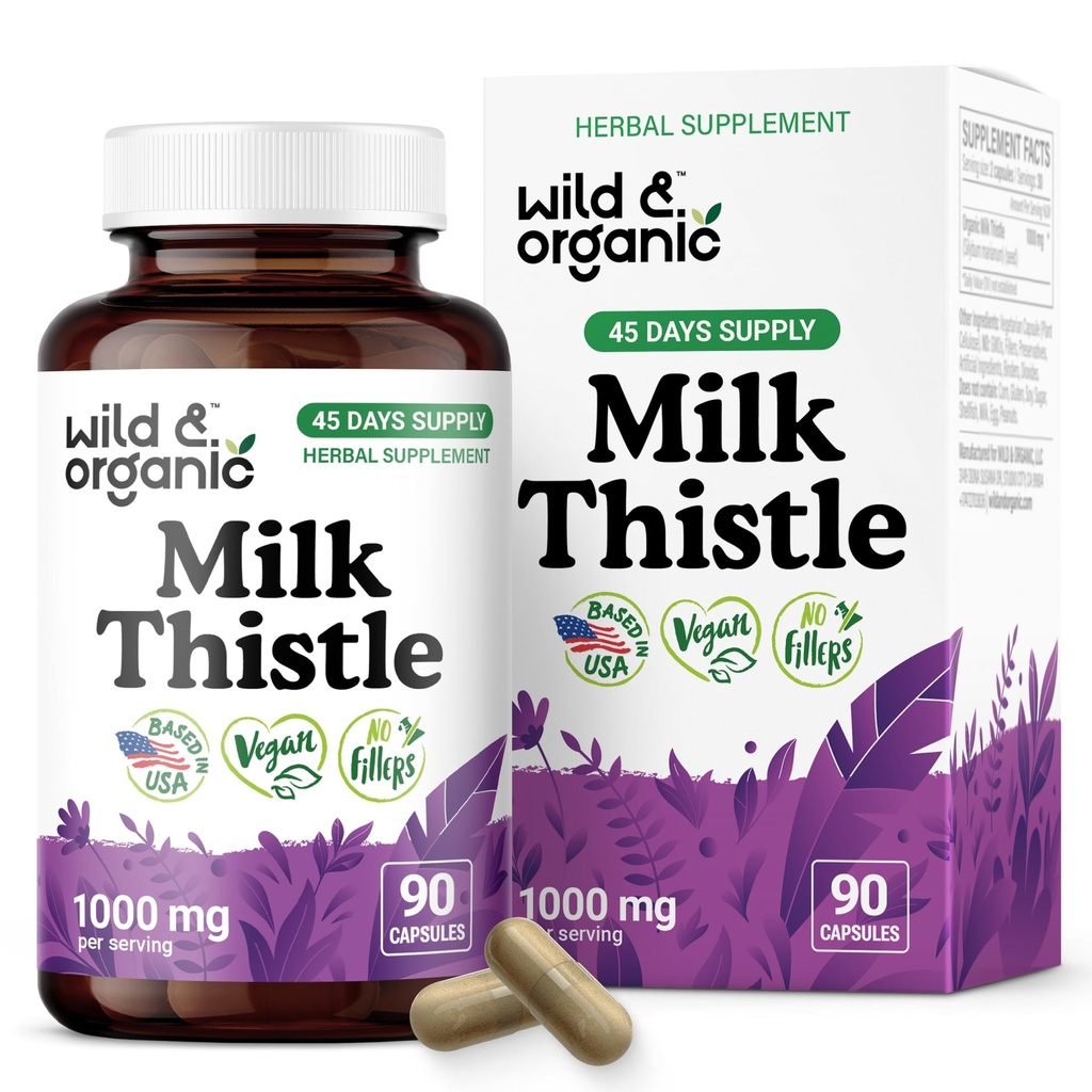 Wild & אורגני חלב זוטול קפסולות 1000 מ"ג - Liver Detox תוספי מזון - אבקת חלב Silymarin של Liver ניקויse - 90 קפסולות טבעוניות - 45 ימים אספקה - No Fillers, non-GMO