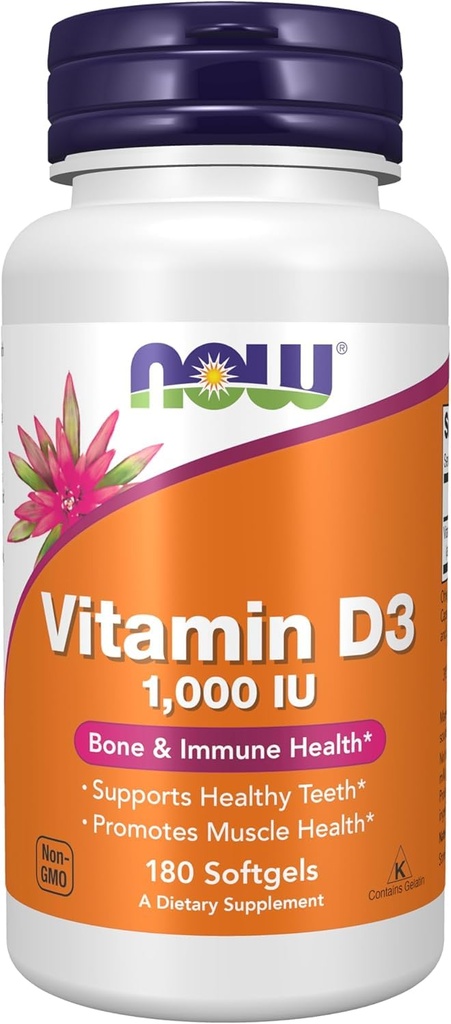 Now Foods, ויטמין D-3, High Potency, 1000 IU, 180 Softgels