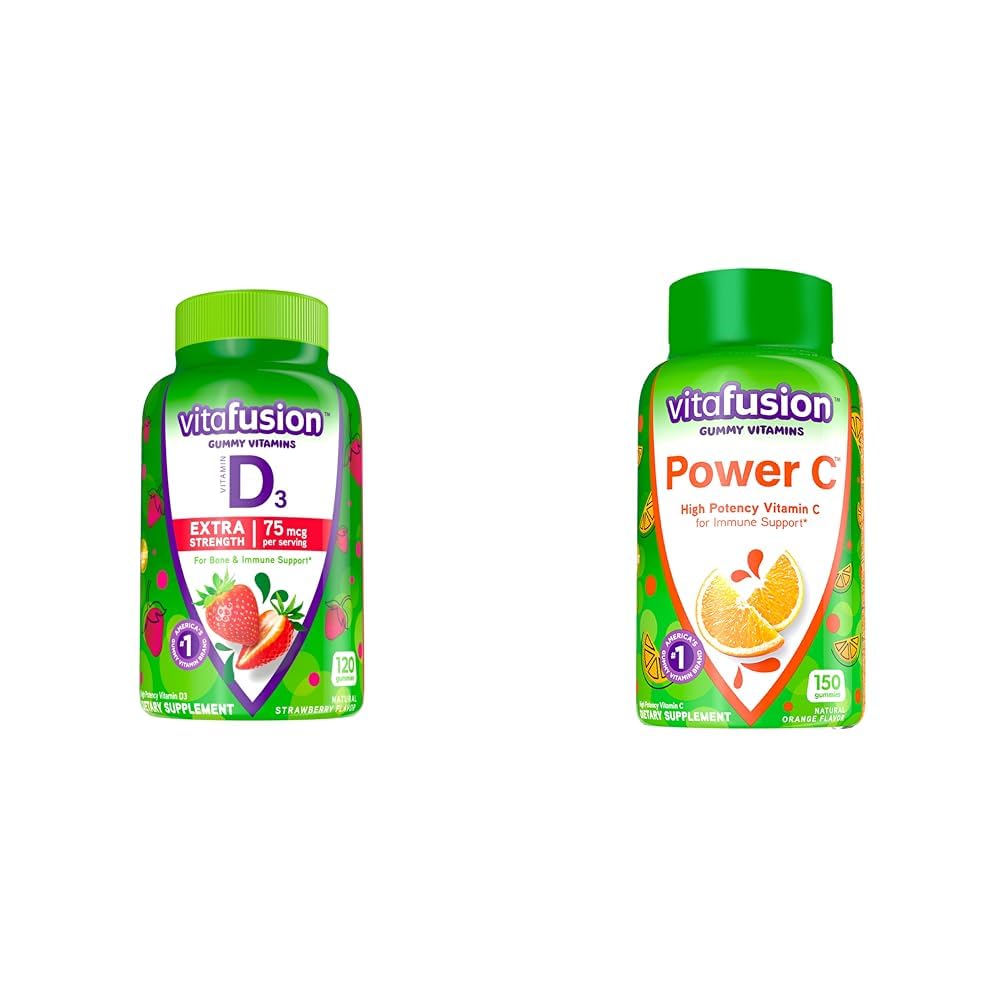 Vitafusion תוספת חיזוק ויטמין D3 Gummy & Power C חניכיים לתמיכה ב- Immune, Orange Flavored, 282 מ"ג ויטמין C, מספר 1 מסטיקמי ויטמין מותג, 50 יום אספקת, 150