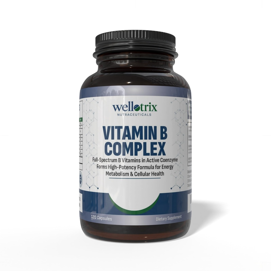Wellotrix מתקדם B-Complex - Full Spectrum of 8 Essential B ויטמינים (B1, B2, B3, B5, B6, B7, B9, B12 ב- Active Coenzyme Forms - תמיכה באנרגיה מטאבוליזם ובריאות סלולרית - 120 קפסולות