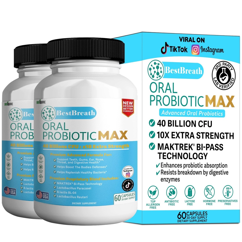 BestBreath Oral Probiotic MAX - 40 מיליארד CFU - תמיכה בשיניים, חניכיים, אוזניים, Nose, גרון ובריאות העיכול - 60 קפסולות (2)