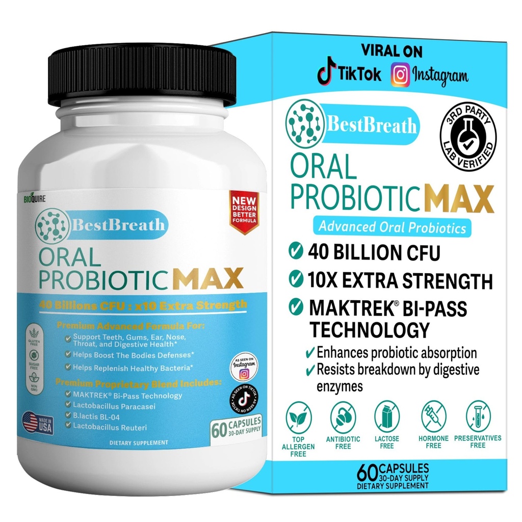 BestBreath Oral Probiotic MAX - 40 מיליארד CFU - תמיכה בשיניים, חניכיים, אוזניים, Nose, גרון ובריאות העיכול - 60 קפסולות (1)