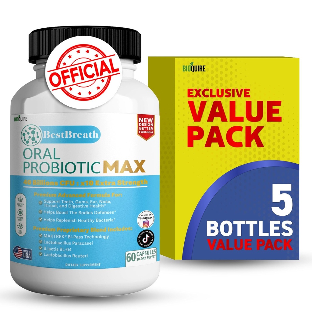 BestBreath Oral Probiotic MAX - 40 מיליארד CFU - תמיכה בשיניים, חניכיים, אוזניים, Nose, גרון ובריאות העיכול - 60 קפסולות (5)