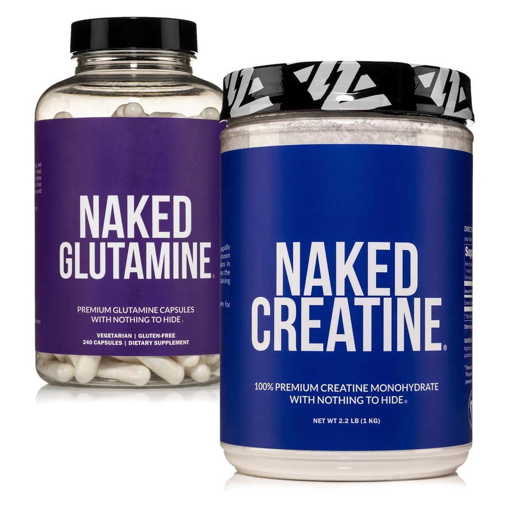 NAKED Pure Micronized Creatine Monohydrate 200 המשרתים + טהור L-Glutamine 240 קפסולות Bundle: טבעוני, non-GMO, Gluten Free. Minimize שריר פורץ לאחור ושיפור סינתזה חלבונים. שום דבר מלאכותי