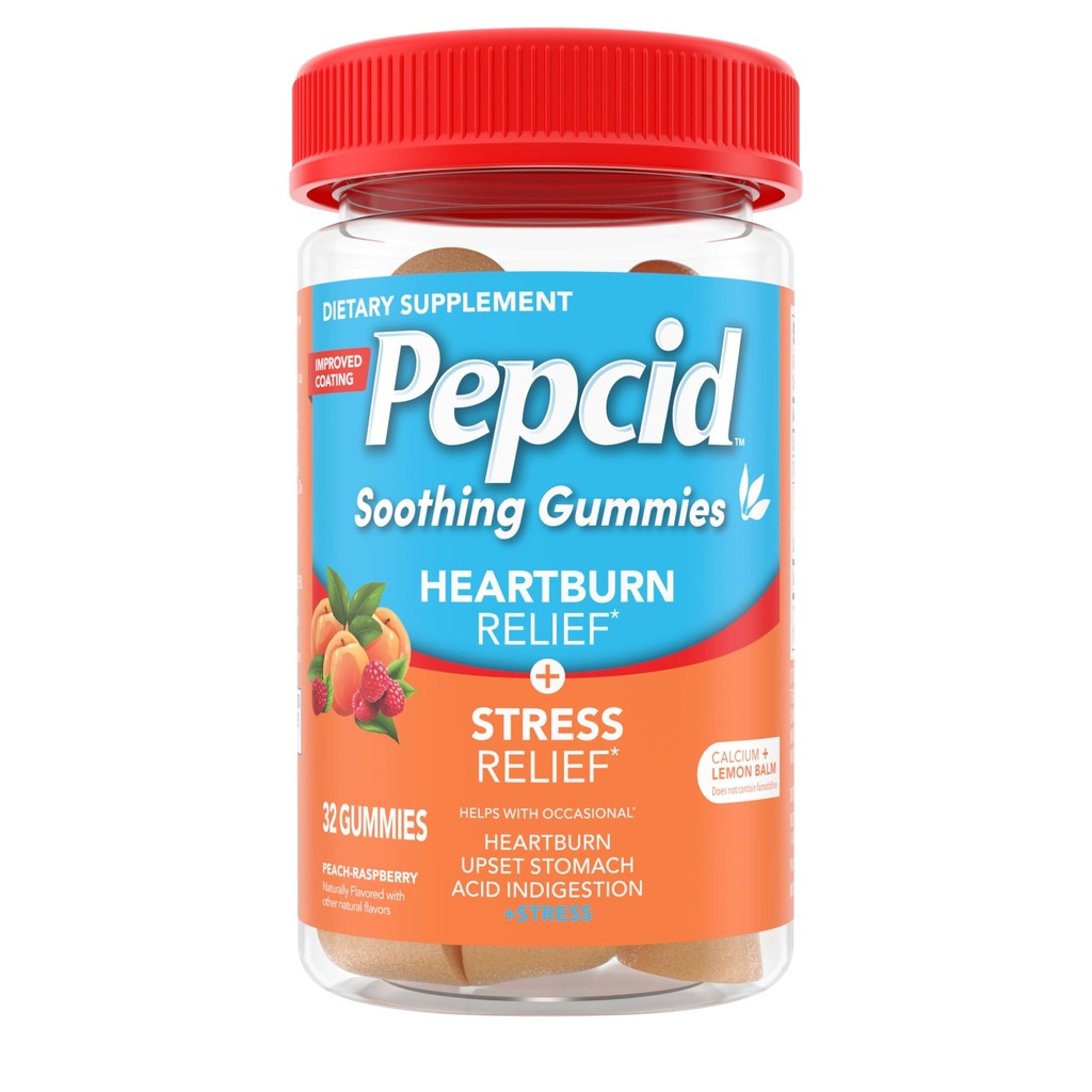 פפסיד Soothing Antacid Gummies, Heartburn הקלה + Stress הקלה עבור Occasional Heartburn, Upset Stomach ו Acid Ingestion, עם לימון Balm לחלץ, Tricalcium Phosphate, Peach-Raspberry, 32 ctspberry, 32 ct.