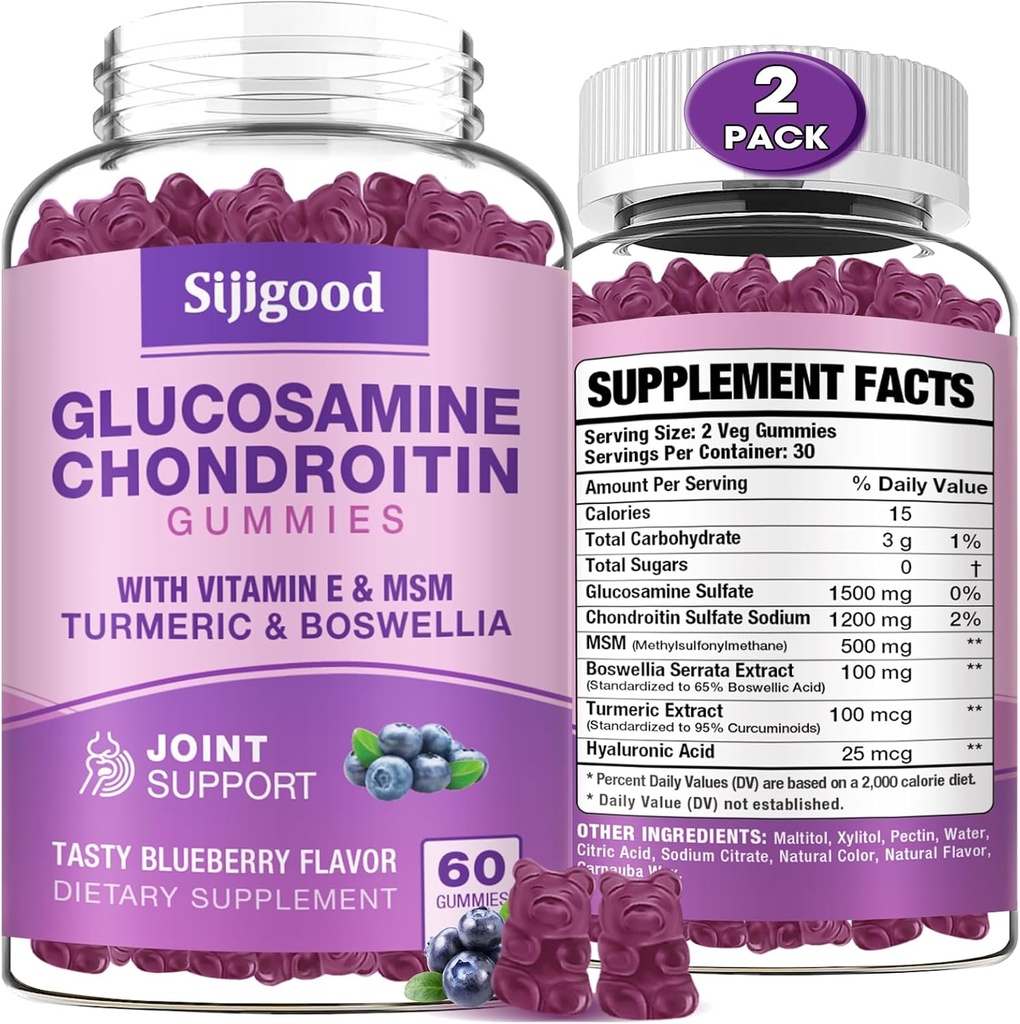 2 Pack Glucosamine Chondroitin Gummies, תוספת חיזוק Glucosamine Chondroitin MSM עם Elderberry & Turmeric, בריאות משותפת, גמישות, Antioxidant, Immune for Adults-Blueberry Flavored, 120 חניכיים