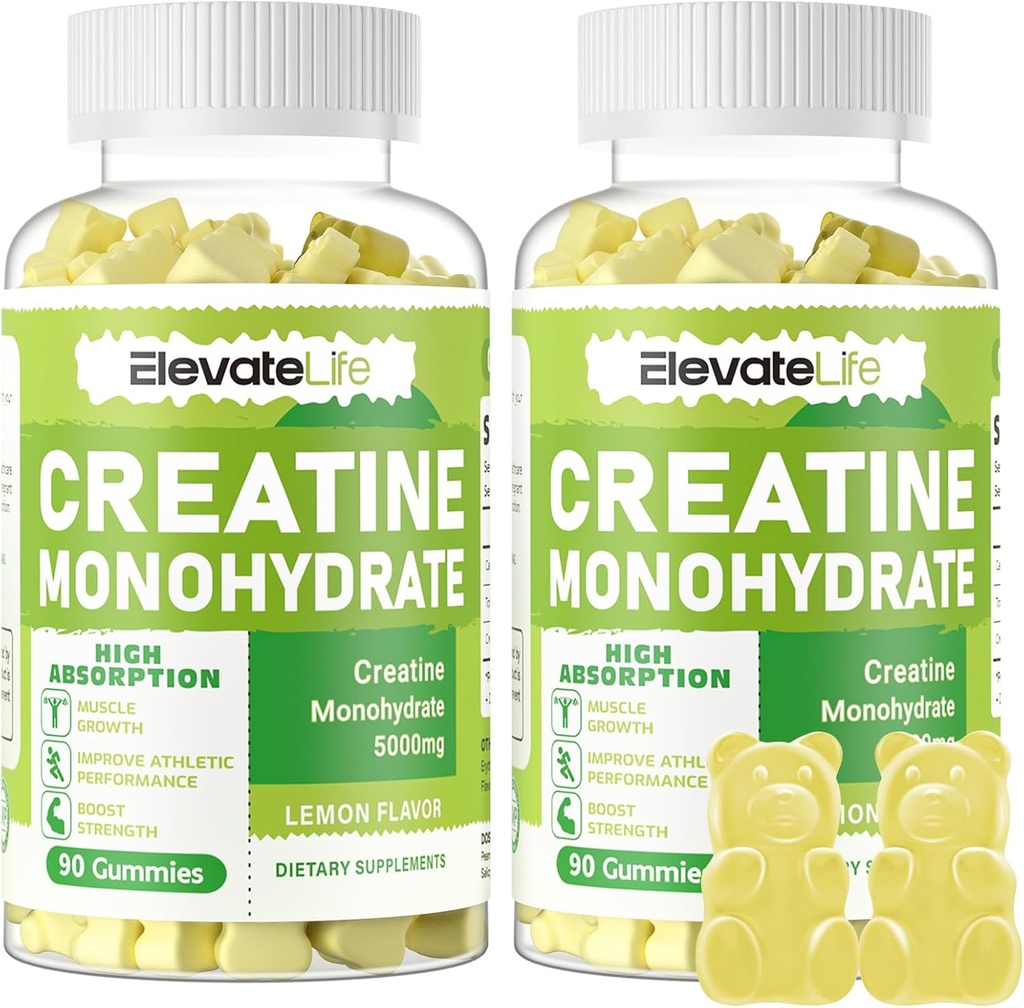 ElevateLife Creatine Monohydrate Gummies 5g עבור נשים גברים - סוכר חינם צ 'כיוז. 180 חניכיים לימון