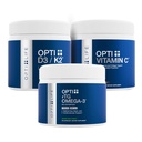 Opti+ Bone & Joint Health Bundle - ויטמין D3 K2, rTG אומגה 3 & ויטמין C תוספי Kit | תמיכה בעצמות העצם, Joint Wellness & Collagen הפקה * 3 מוצרים יומית חבילת תמיכה