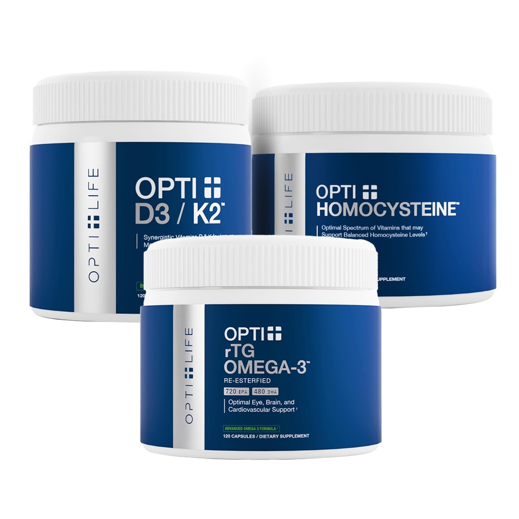 Opti+ Heart & Vascular Health Bundle - rTG אומגה 3, Homocysteine B-Vitamins & D3 K2 תוסף Kit