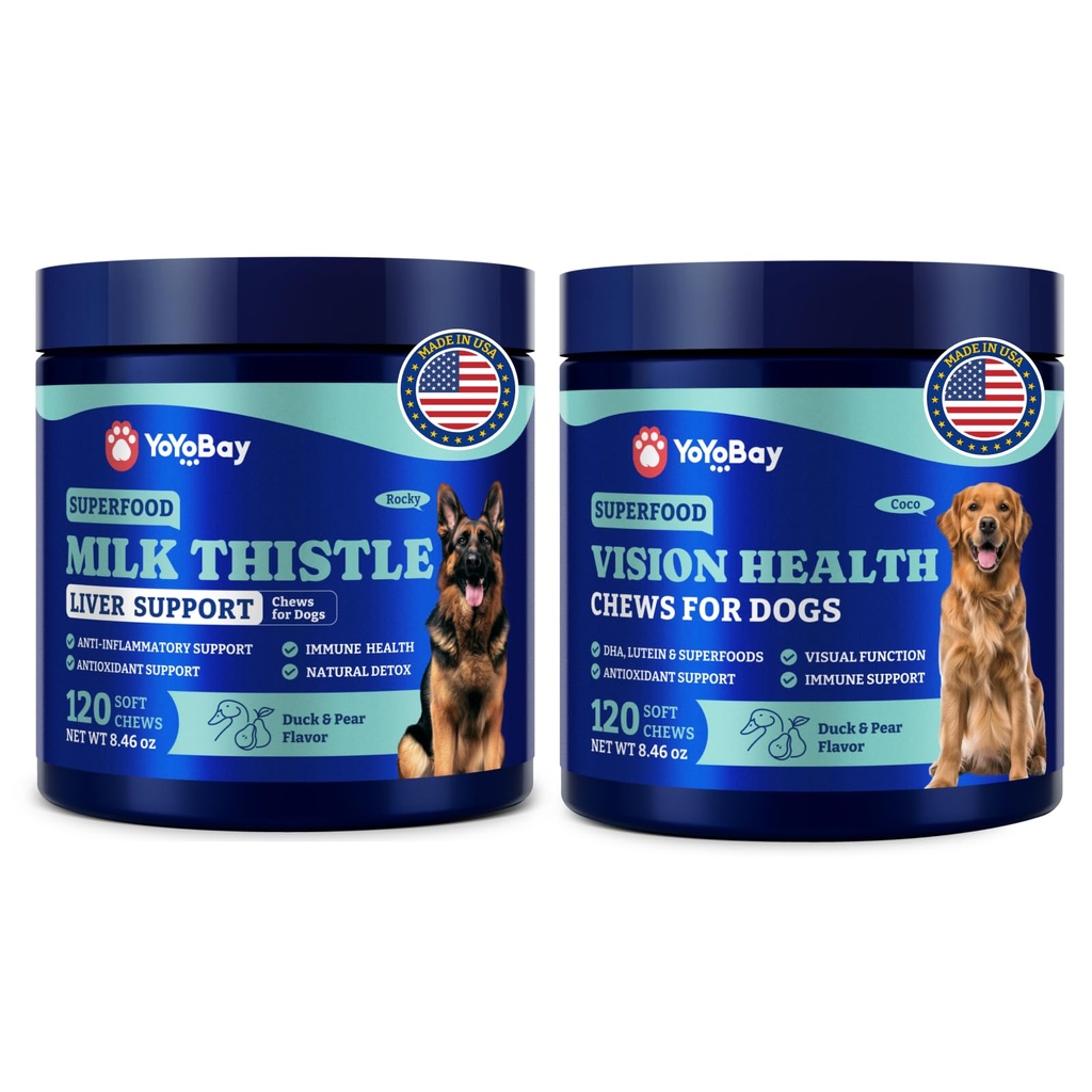 כלב עין ו Liver Wellness Bundle - חזון תומך צ'אדים עם אנטי-oxidants ואומגה 3s Plus חלב Istle Live Detox Chews עם NAC ו Curcumin - תמיכה בריאות יומית טבעית לכלבים של All Breeds