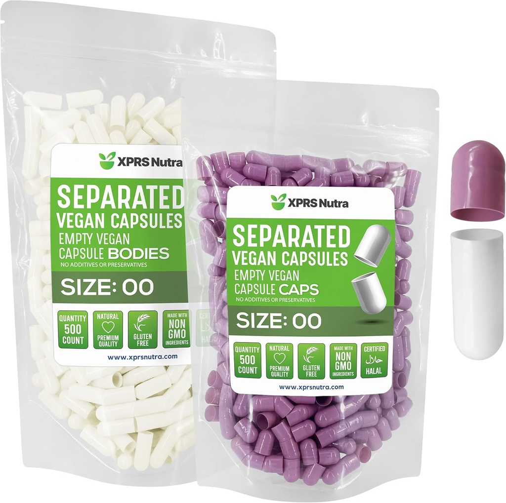 XPRS Nutra Vegan Size 00 בנפרד קפסולות - 500 Count Premium ריקה קפסולות נפרדות ב Bags - 00 Pills ריקה עבור תוסף DIY (Lavender / לבן)