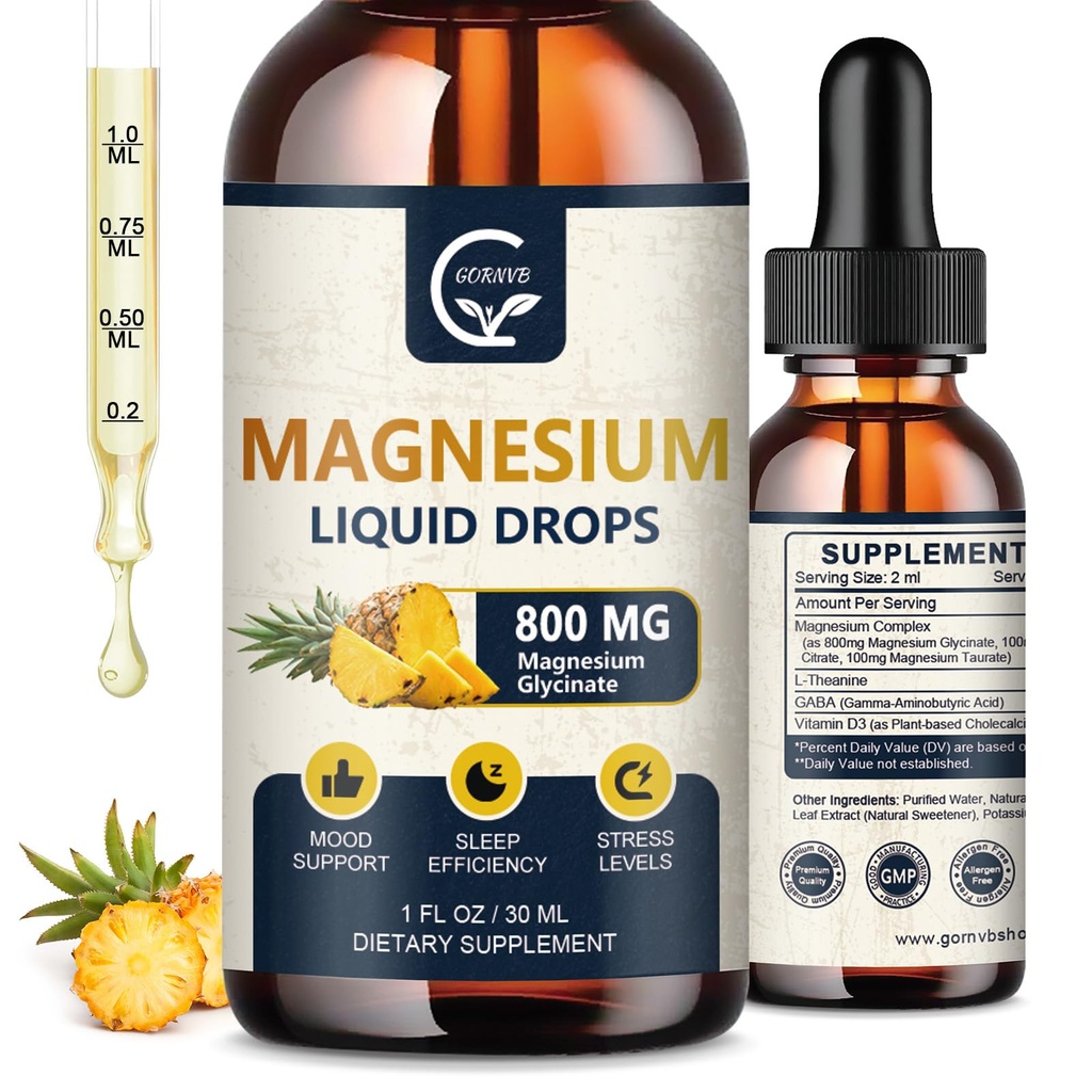 (2 Pack) Magnesium Glycinate נוזל טיפות; 1000 מ"ג נוזל Magnesium מורכב עם D3, L-thea & GABA עבור אנרגיה, שינה, עצבנות לב, תפיסה גבוהה, Pineapple Flavor