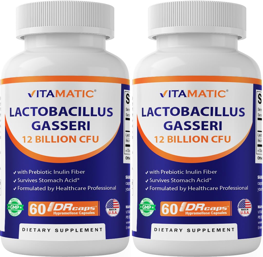 Vitamatic Lactobacillus Gasseri - 12 מיליארד עבור קפסולת DR - 60 הרוזן - תמיכה עיכול - מיוצר עם Prebiotic Inulinfi - 2 Pack